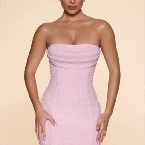 Oh Polly Basel
Embellished Strapless Cowl Neck Mini Dress in Blush